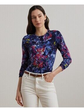 Ralph Lauren Blue Multi Colored Abstract Print Cotton-Blend Sweater Size M